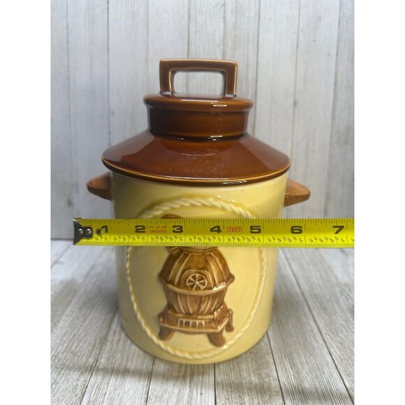 Vtg Pot Belly Stove Design Ceramic Cookie Jar Cannister with Brown Lid 9" Tall - Picture 9 of 10